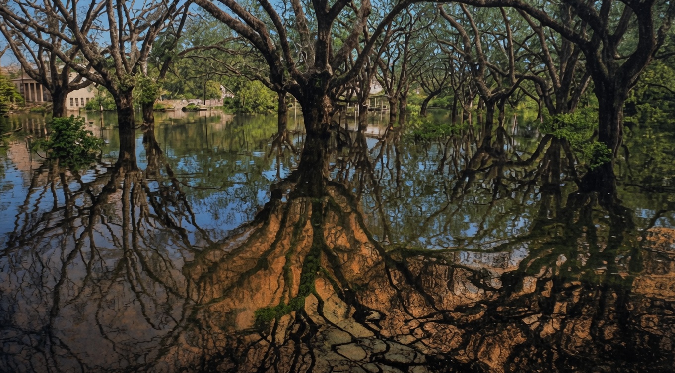 Mirrored oaks over still water